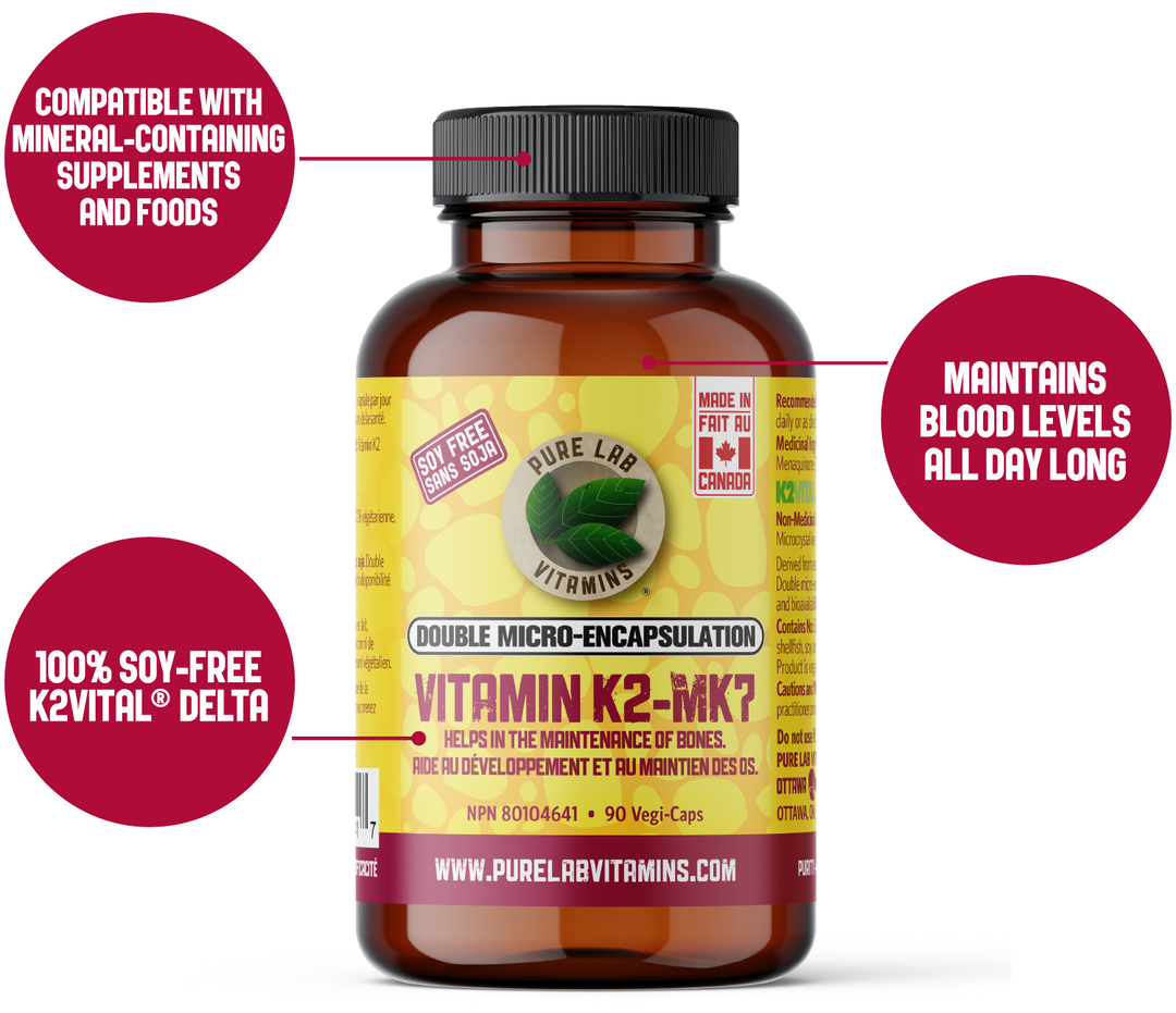 Vitamin K2-MK7 supplement bottle with text highlighting features on a white background